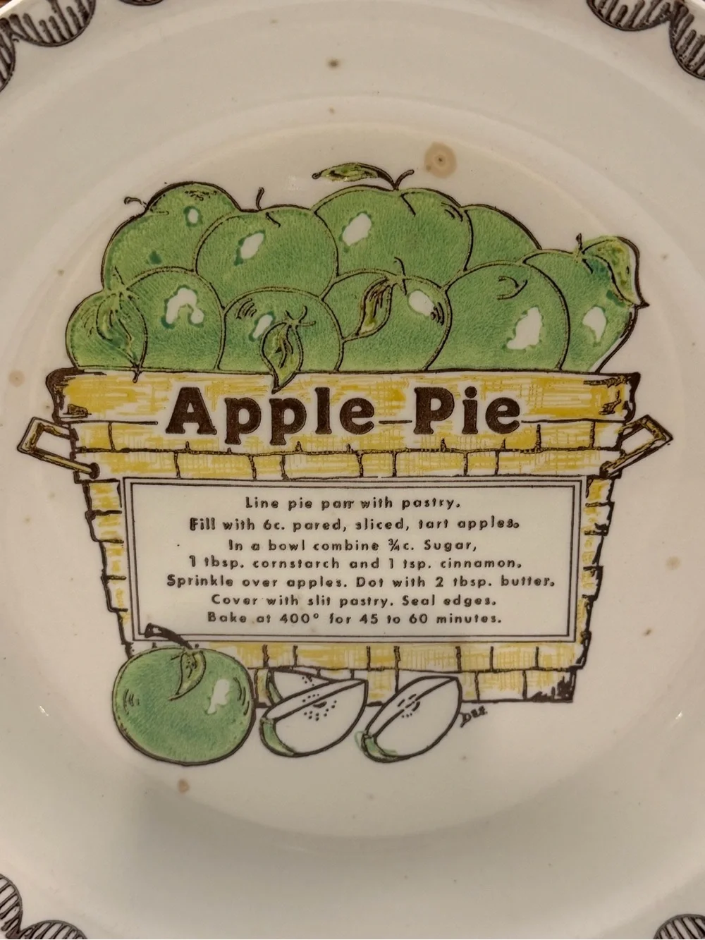 Vtg 1980s Apple Pie Recipe Plate Retro FarmhouseGreen Apple Ceramic Baking Dish